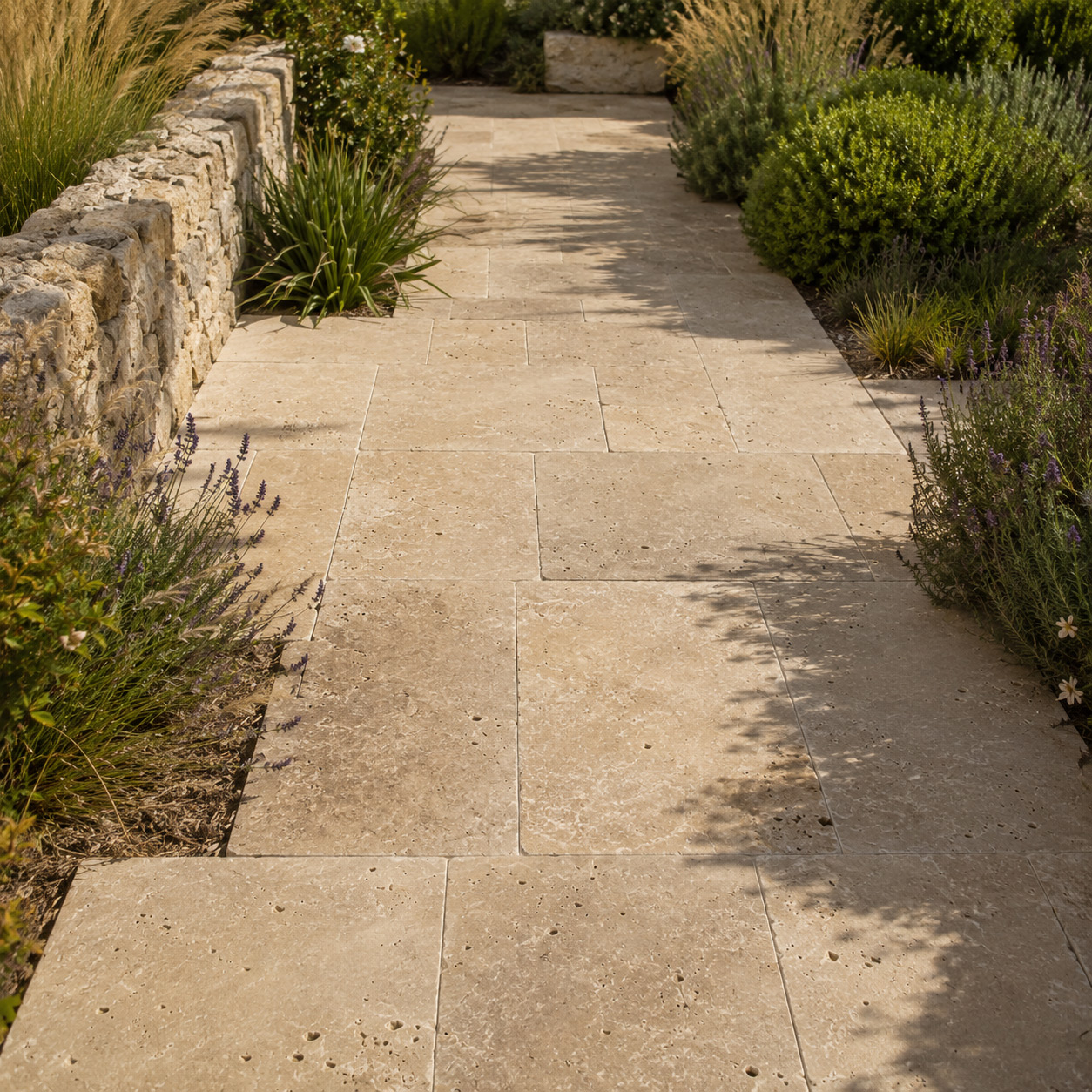 Travertin Noce Terrassenplatten als Gartenweg