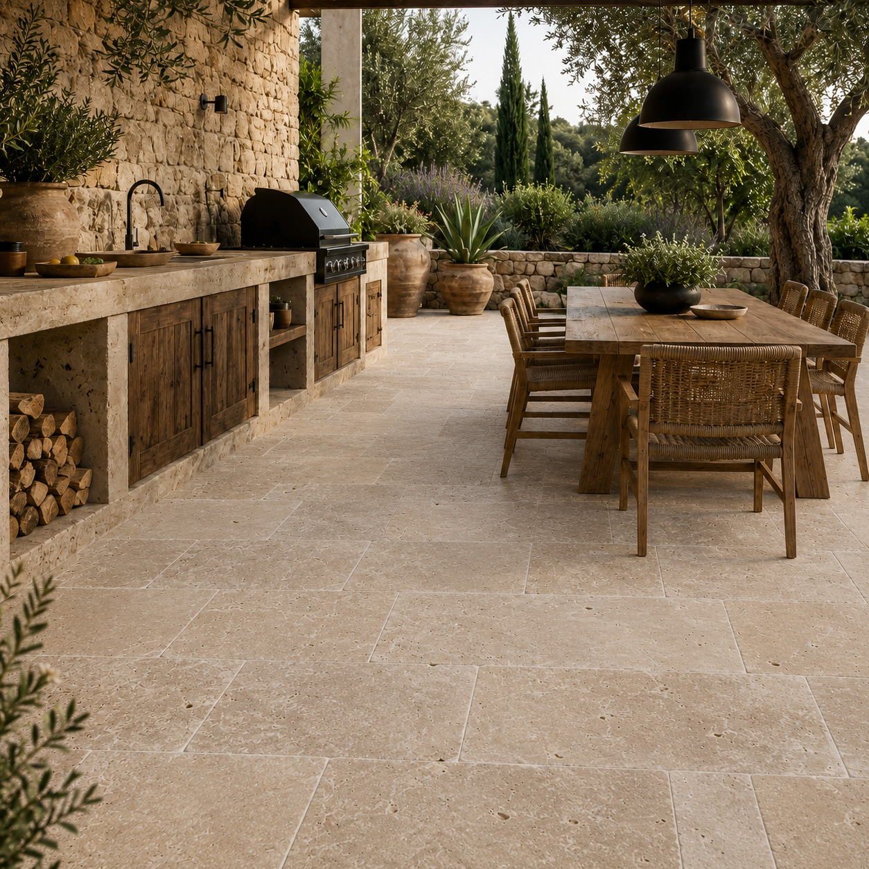 Travertin Noce Terrassenplatten bei einer Outdoorküche