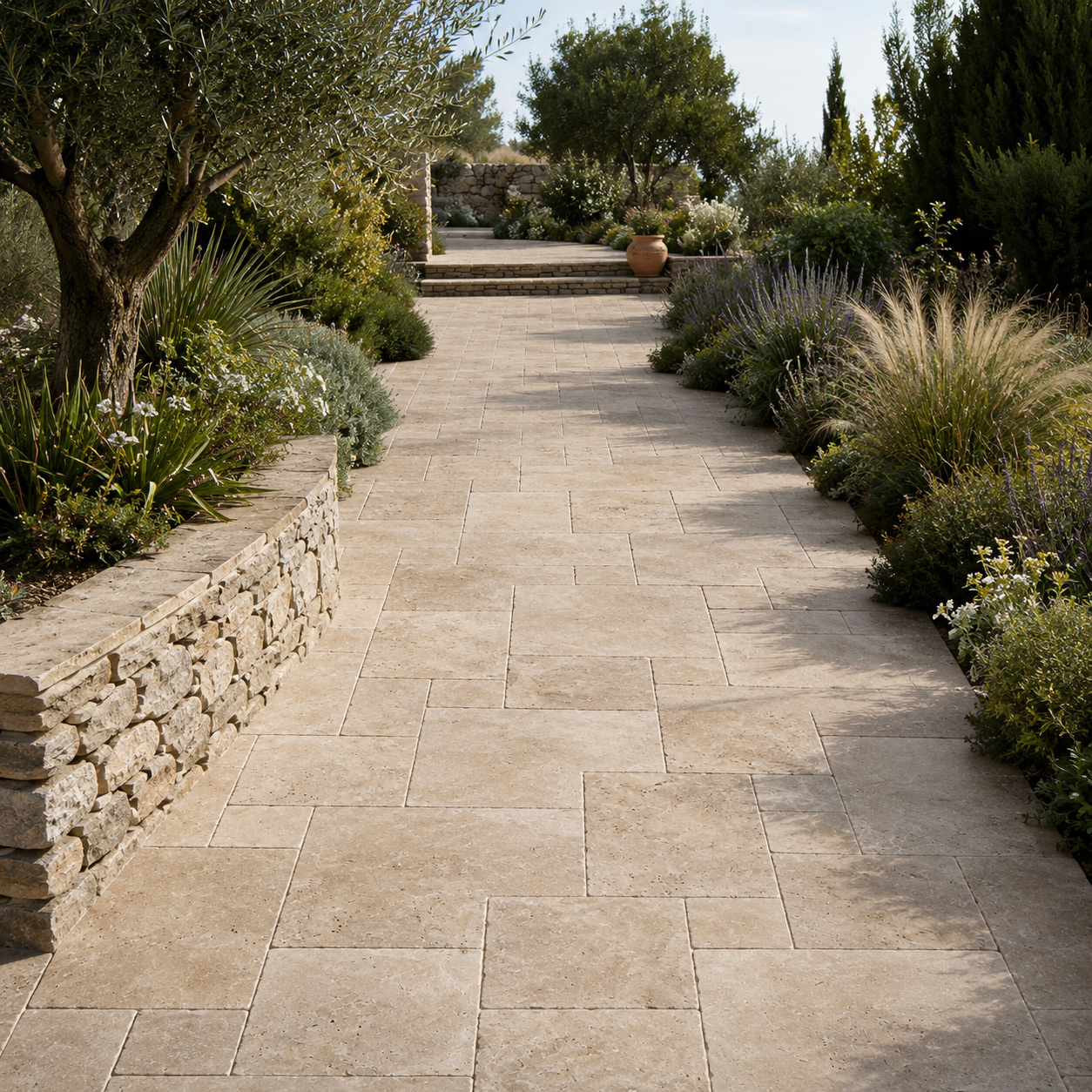 Travertin Medium Select Terrassenplatten als Gartenweg
