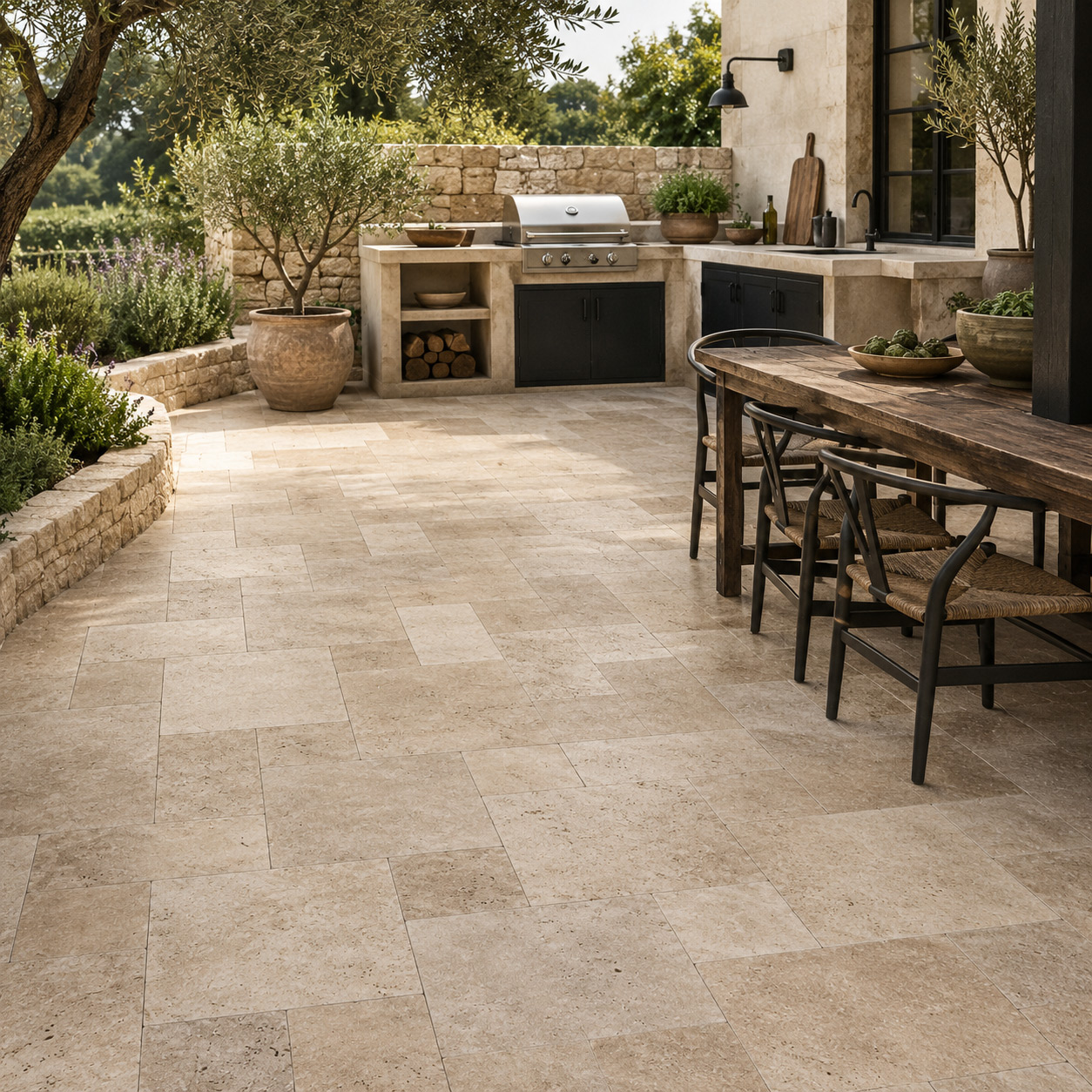 Travertin Medium Select Terrassenplatten bei einer Outdoorküche