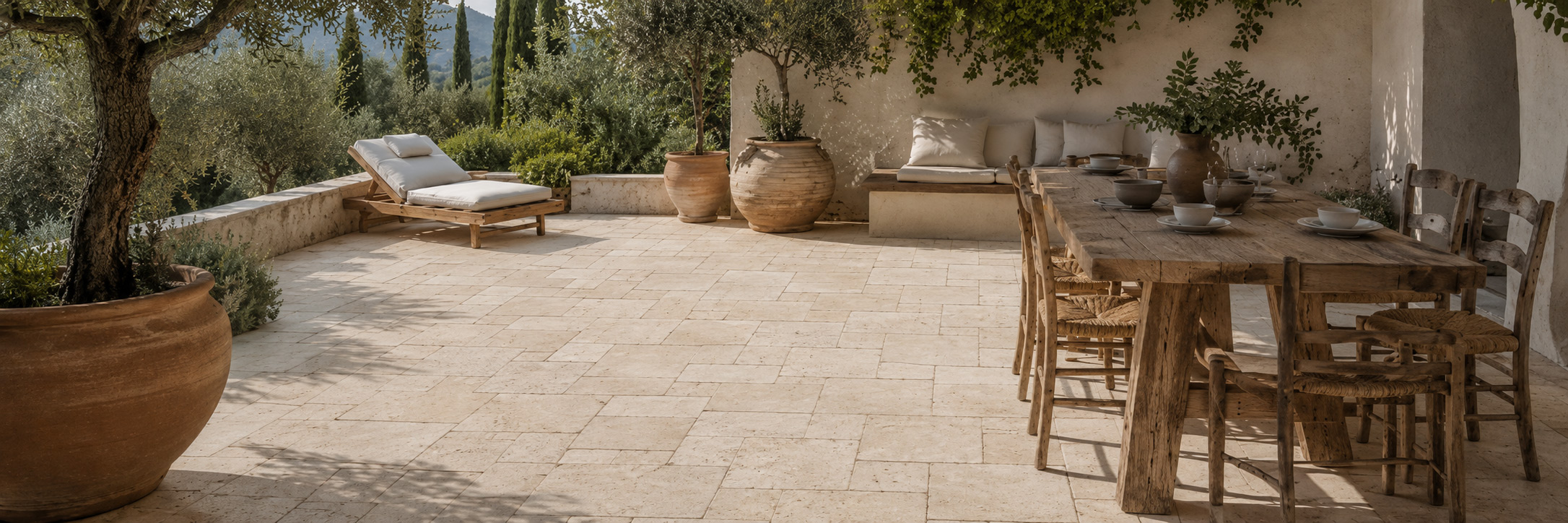 Travertin Medium Select Terrassenplatten in mediterraner Gartengestaltung
