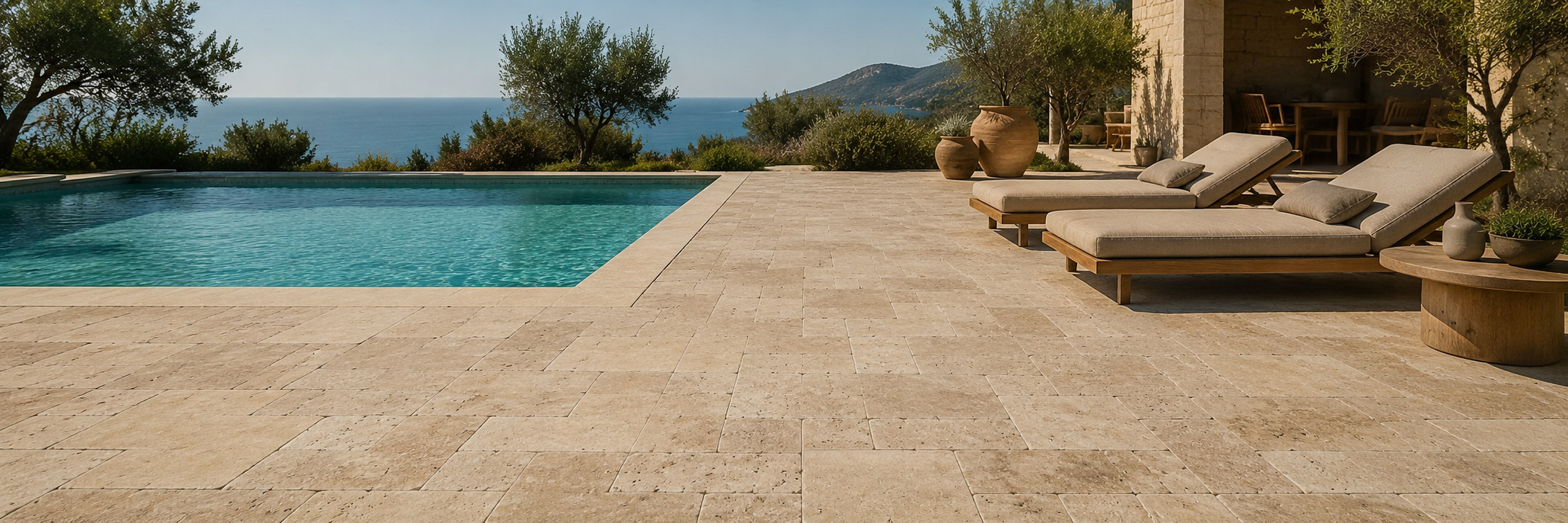 Travertin Medium Select Terrassenplatten in mediterraner Gartengestaltung