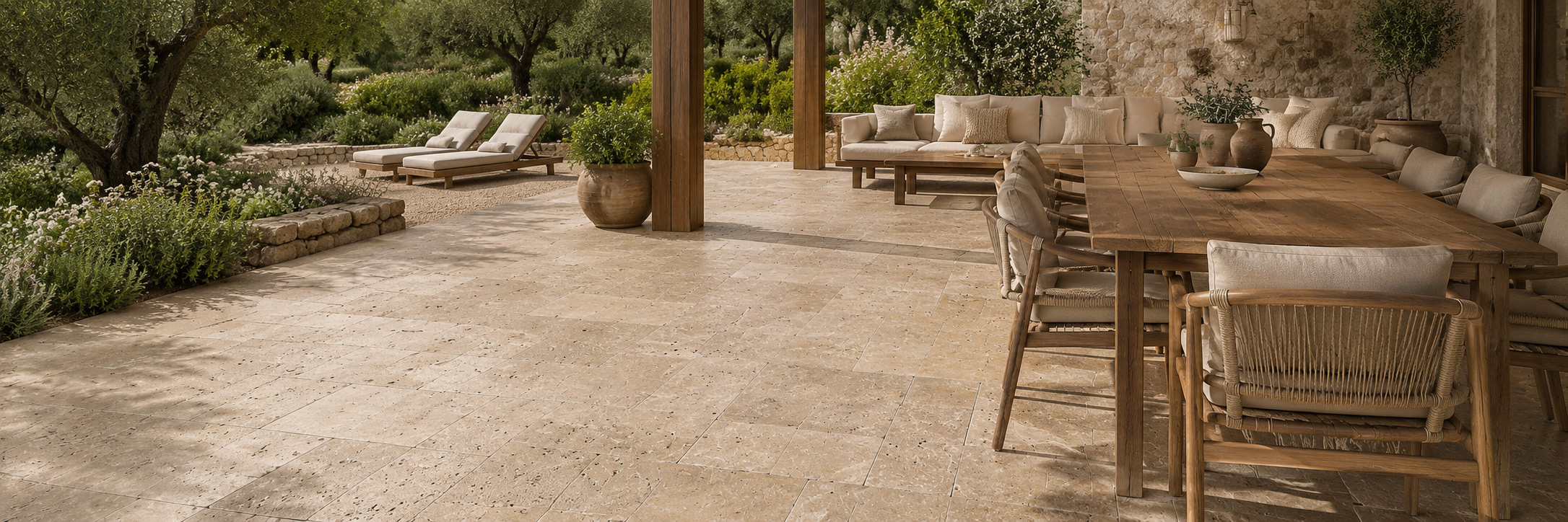 Travertin Noce Terrassenplatten kombiniert mit Holz und Pflanzen
