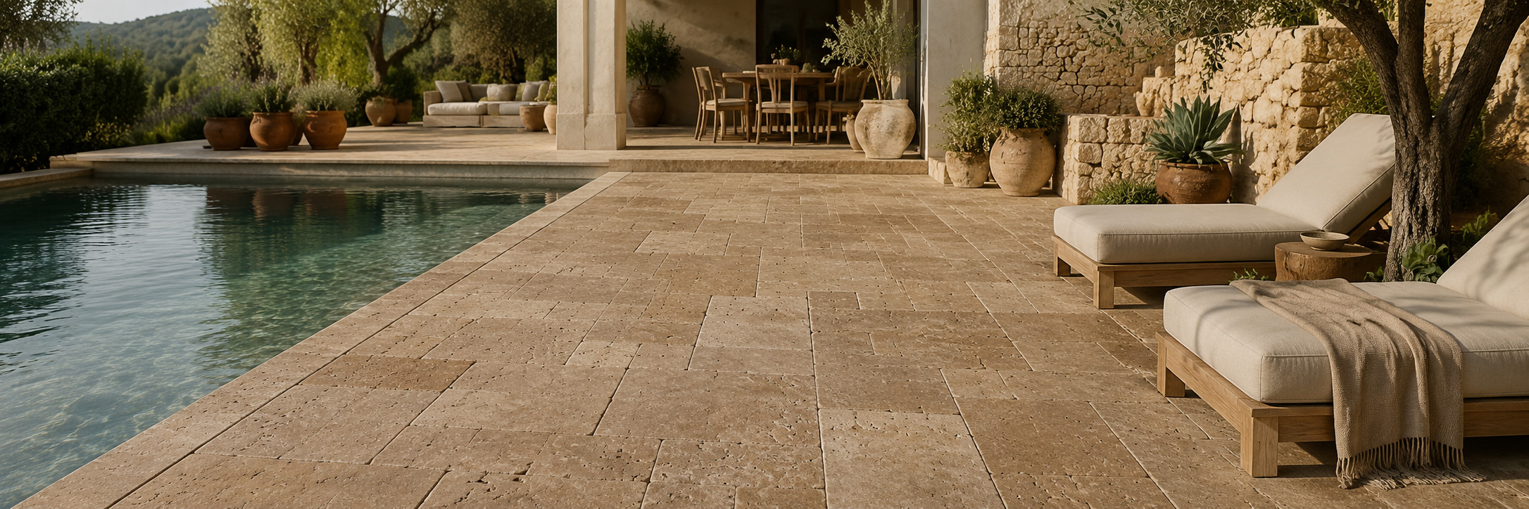 Travertin Noce Terrassenplatten in einem Pool- und Loungebereich
