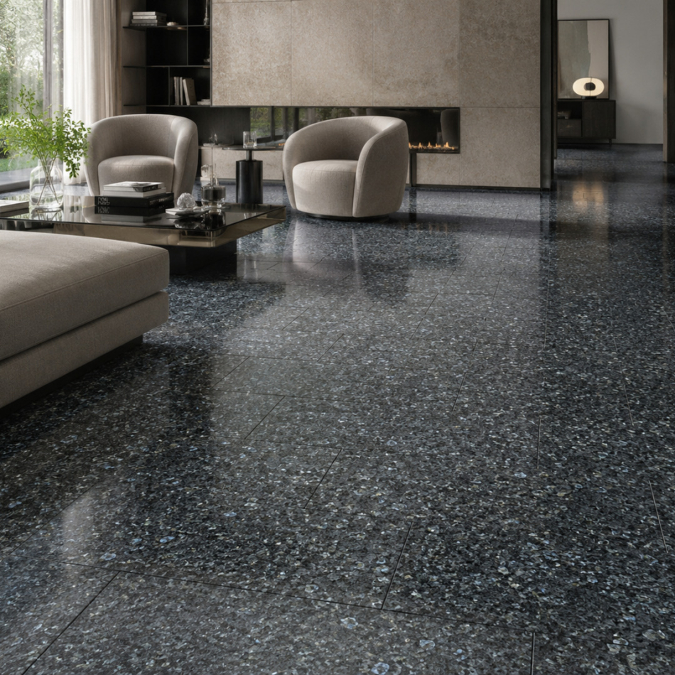 Blue Pearl Granitfliesen im eleganten modernen Wohnraum