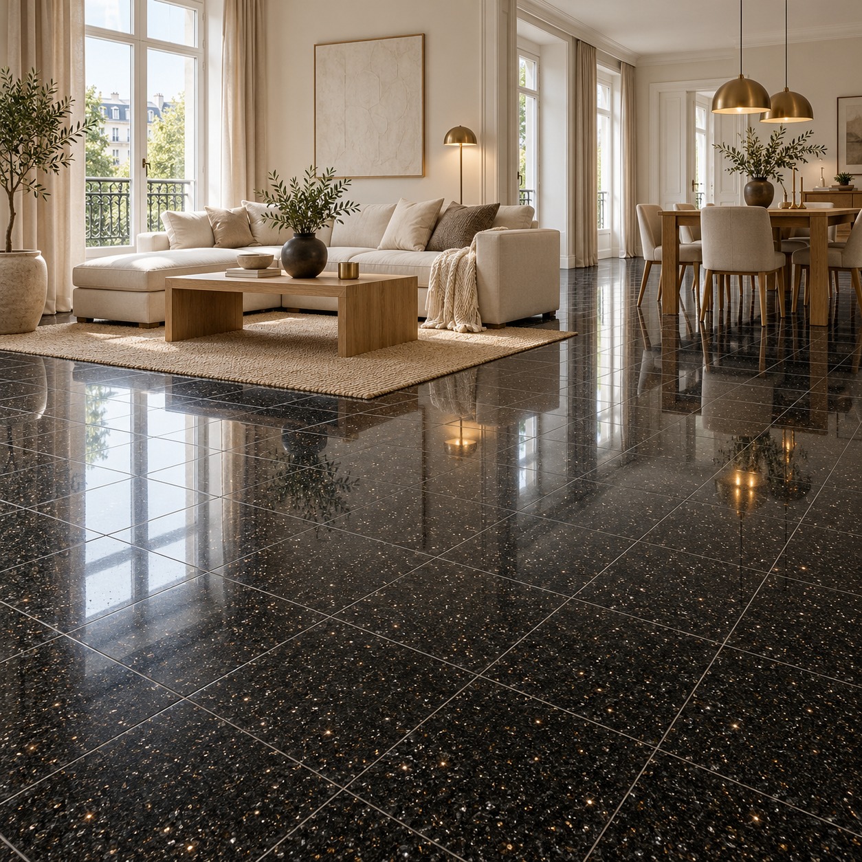 Elegantes Wohn- und Esszimmer mit polierten Star-Galaxy-Granitfliesen