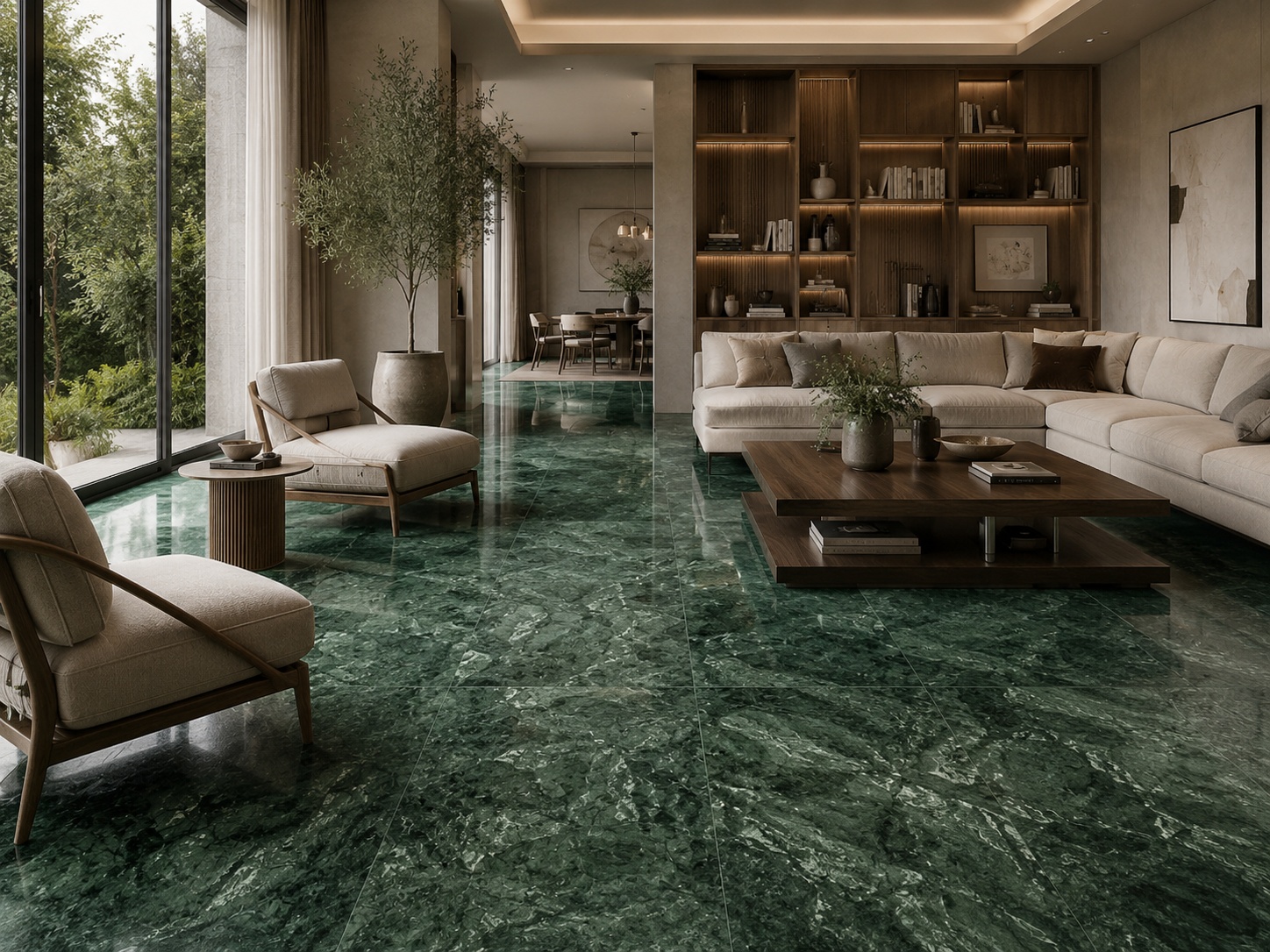 Eleganter Wohnraum mit grünen Verde Guatemala Marmorfliesen und hochwertiger Natursteinoptik
